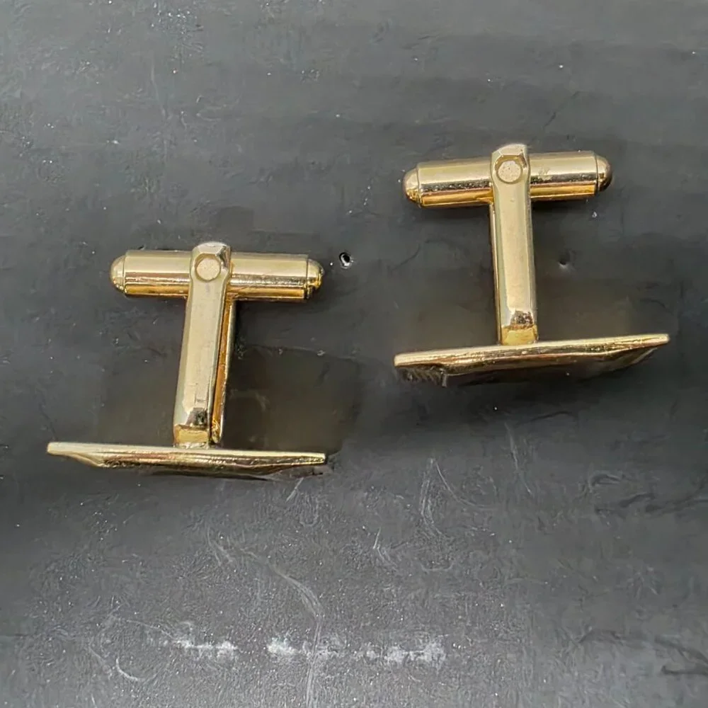 Vintage Rectangular Gold Tone Cufflinks Textured Geometric Mid Century Formal